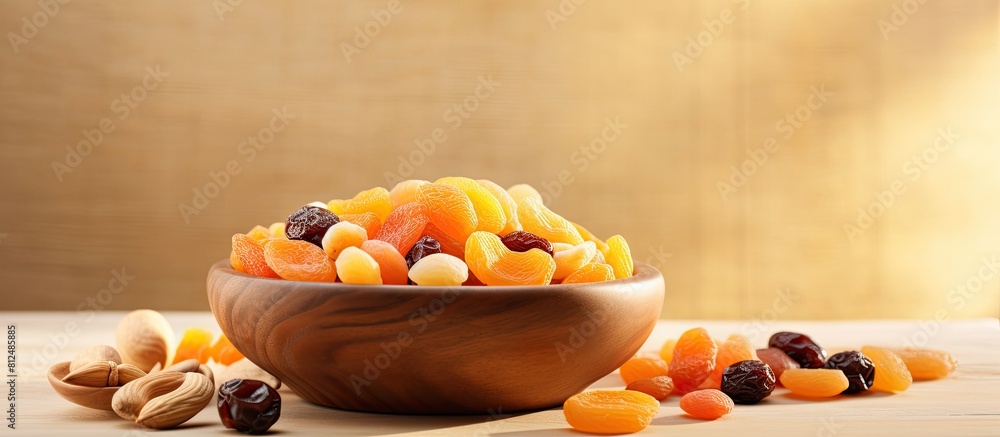 Poster a wooden bowl on a beige ceramic table filled with a mix of apricots raisins and nuts ample copy spa