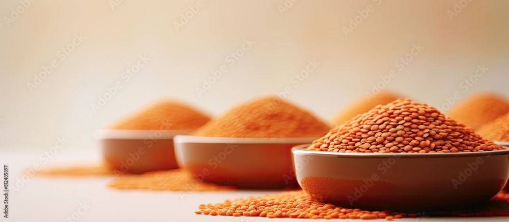 Poster Bowls of dry uncooked red lentils are arranged on a table with a light colored background creating a copy space image