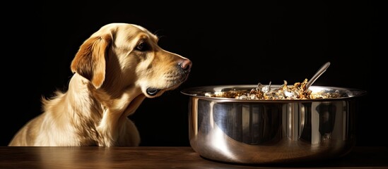 A bone from a chicken is placed in a stainless bowl specifically for a dog in order to keep it separate from the background. Creative banner. Copyspace image