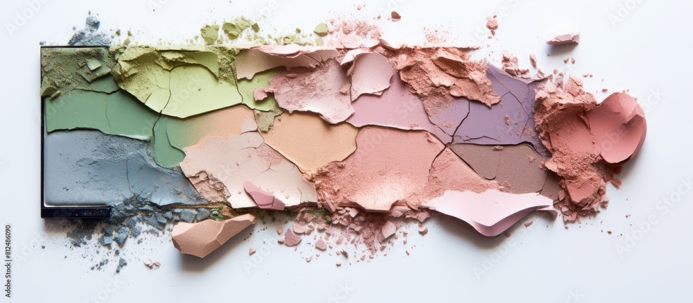 Poster a broken eye shadow palette with smears of pink and green makeup sits alone on a white background it