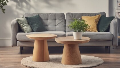 Two wooden coffee tables with plant in pot in front of grey corner sofa in fashionable living room interior,interior, furniture, room, armchair, sofa, home, design, leather, couch, living, comfortable