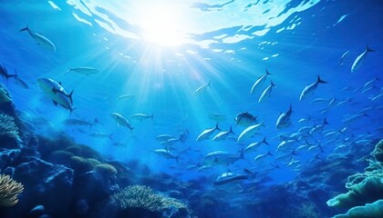 Fototapeta premium Groups of giant Tuna fish in the underwater, coral reef, amazing underwater life, various fish and exotic coral reefs, ocean wild creatures background