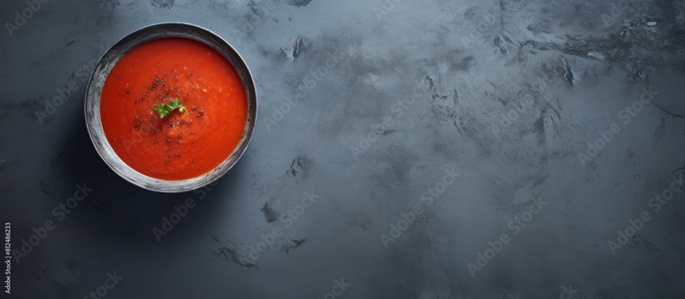Poster a calming light casts over a gray stone background showcasing a black bowl filled with tomato soup v