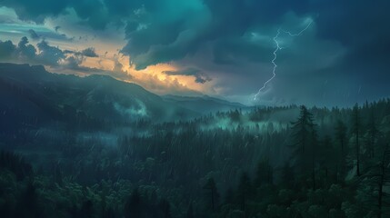A dramatic 4K landscape of a stormy sky over rugged mountains, with lightning illuminating the dark...