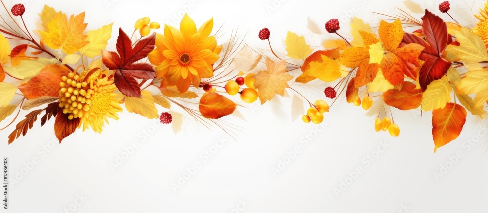 Poster a greeting card with a floral design for autumn featuring a border of yellow leaves on a white surfa