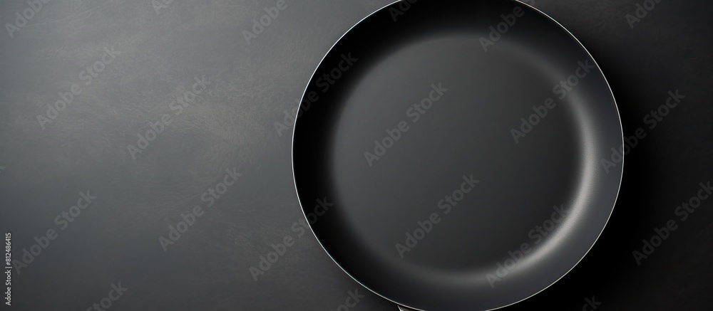 Aufkleber a centered top view of a black frying pan on a gray black background creating a solid color composit