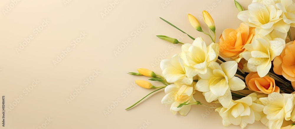 Aufkleber Banner design with a charming bouquet of freesia flowers on a beige background Perfect for adding text with enough room for copy space image