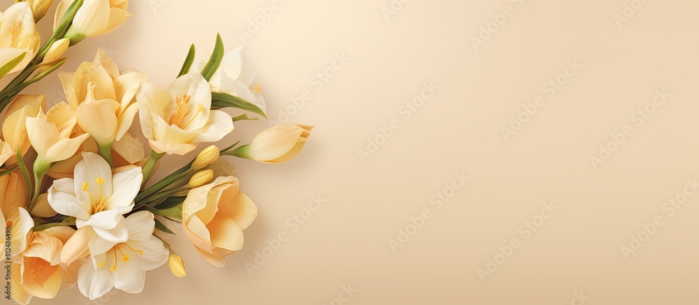 Aufkleber Banner design with a charming bouquet of freesia flowers on a beige background Perfect for adding text with enough room for copy space image