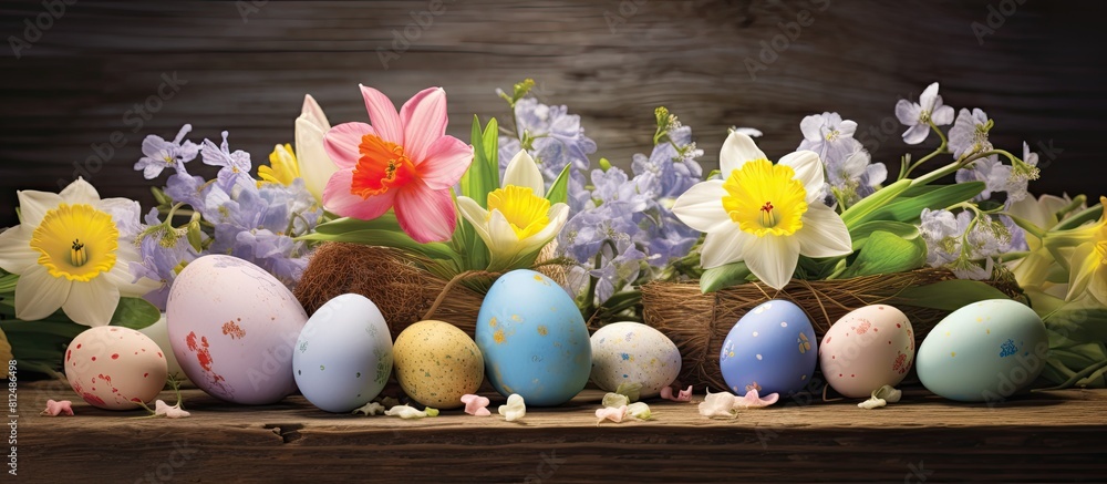 Aufkleber a charming arrangement of spring flowers and an easter egg adorns a rustic wooden background in this