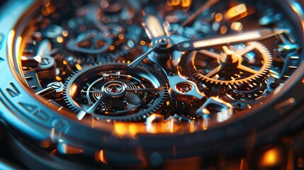 Macro photography of gears meshing in an electric watch, with a focus on precision and energy