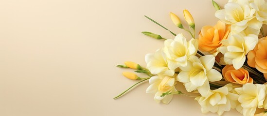 Fototapeta premium Banner design with a charming bouquet of freesia flowers on a beige background Perfect for adding text with enough room for copy space image