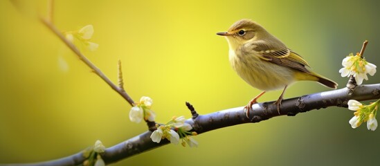 A charming copy space image of a willow warbler perched on a tree branch during the spring season