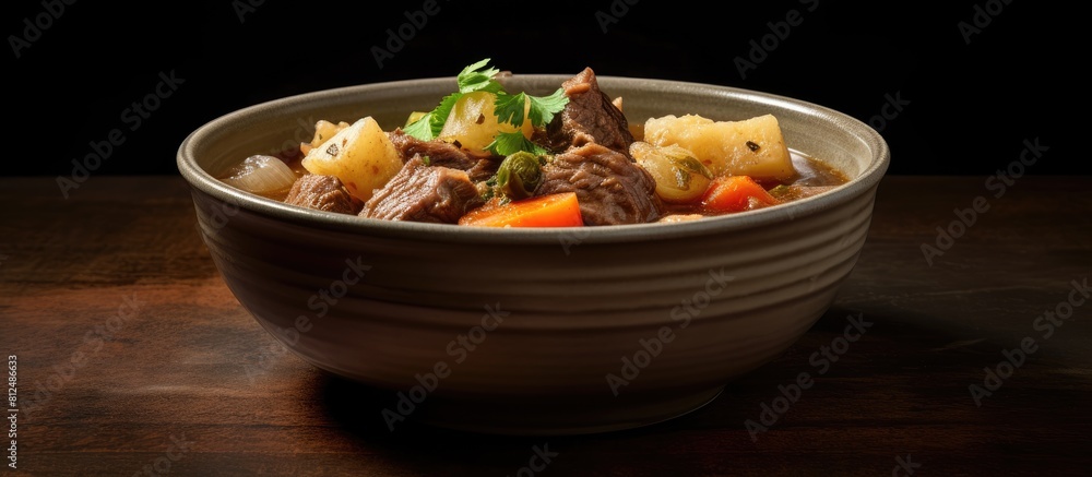 Poster A white bowl of beef soup with chunks of meat potatoes and carrots ready for enjoying or photographing with copy space