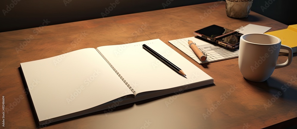 Aufkleber A close up of a table with a notebook blank sticky notes a pencil and ample copy space for an image