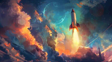 Spaceship takes off into the sky. Rocket starts into space. illustration