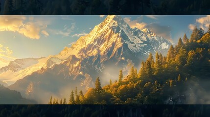 A majestic mountain peak bathed in golden sunlight, with a dense forest of trees covering the lower slopes and a clear blue sky overhead, creating a scene of awe-inspiring natural beauty