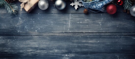 A Christmas themed denim presentation featuring a sale on denim items The image showcases denim texture with Christmas decorations on an aged white wooden backdrop seen from above Copy space is avail - Powered by Adobe