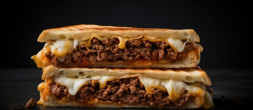 A classic jaffle a toasted sandwich filled with savory mince against a grey backdrop with plenty of room for additional elements in the image