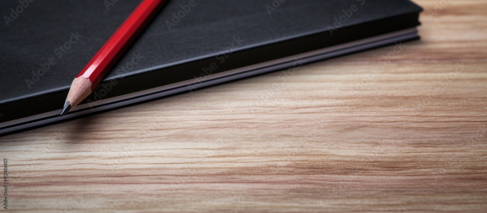 Poster a close up corner of a notebook with a pencil eraser displayed on a black wooden surface the photo c