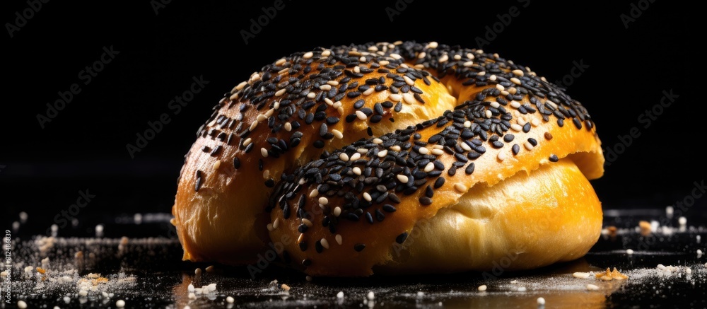Poster close up of a deliciously baked bun with poppy seeds on a black background perfect for showcasing in