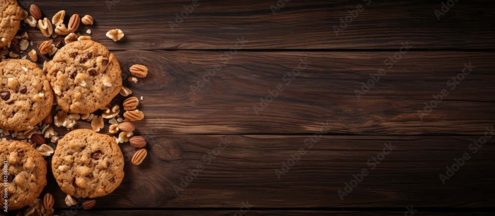 Poster a close up view of oatmeal cookies with peanuts on a dark wooden table seen from the top with ample 