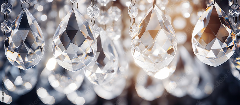 Poster close up of a glamorous crystal chandelier creating a captivating background with ample copy space