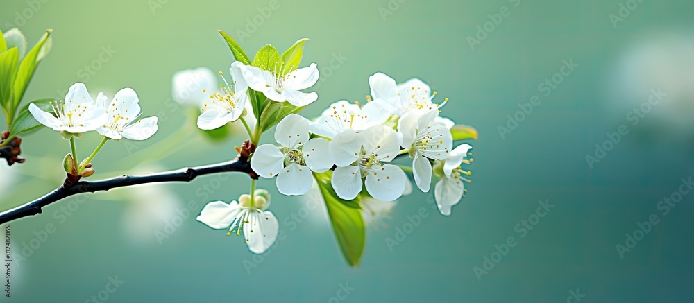 Poster close up macro image of a beautiful white cherry tree flower in full blossom during spring set again