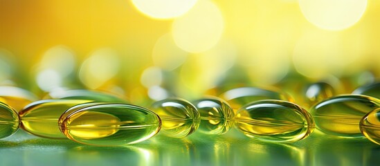 A close up image of yellow fish oil softgels is placed on a green surface serving as a background This copy space image promotes the importance of vitamins and a healthy lifestyle with a focus on ome