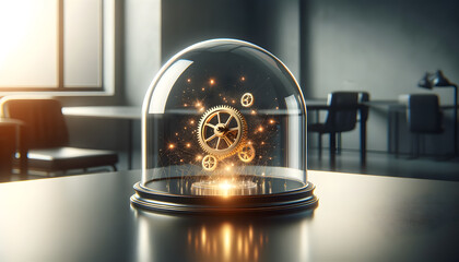  the 'spark' of a business idea with a minimalist approach. The scene features a transparent glass dome with a golden gear and sparks, set in an office environment.