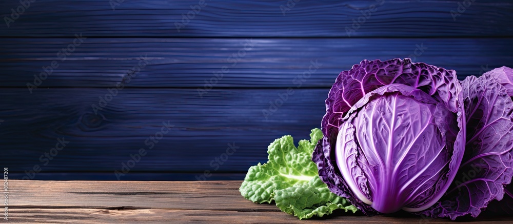 Poster a close up image of fresh purple cabbage over a wooden background providing ample copy space
