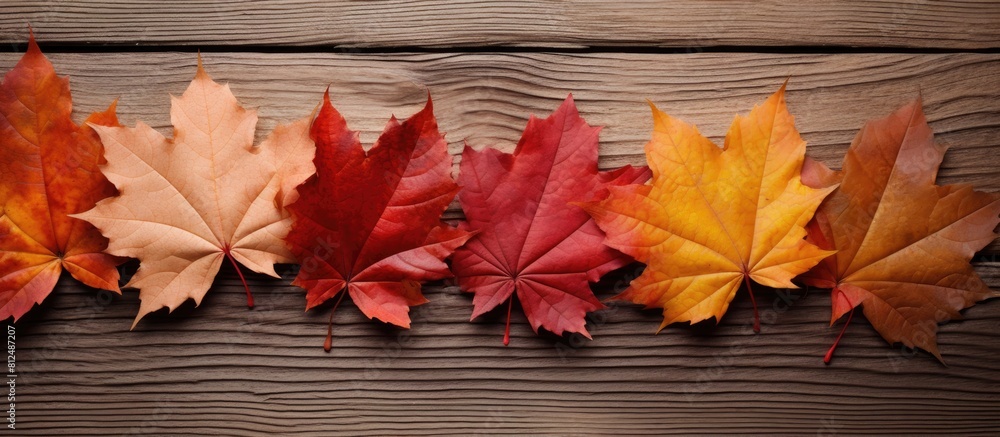 Aufkleber A close up image of colorful autumn leaves in red and yellow hues placed on a brown wooden background with space in the center for text or other creative elements. Creative banner. Copyspace image