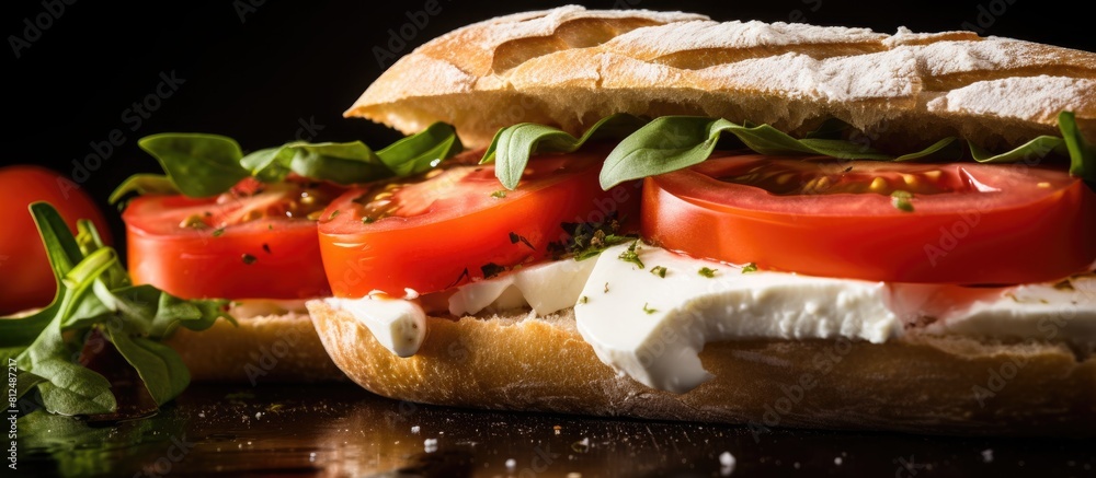Poster a close up image of a sandwich with mozzarella and tomato with a shallow depth of field providing am
