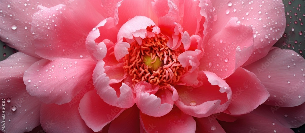Aufkleber A close up image of a pink peony flower with sparkling water droplets The flower is showcased on a flat surface from a top view creating a stunning abstract backdrop for a copy space image