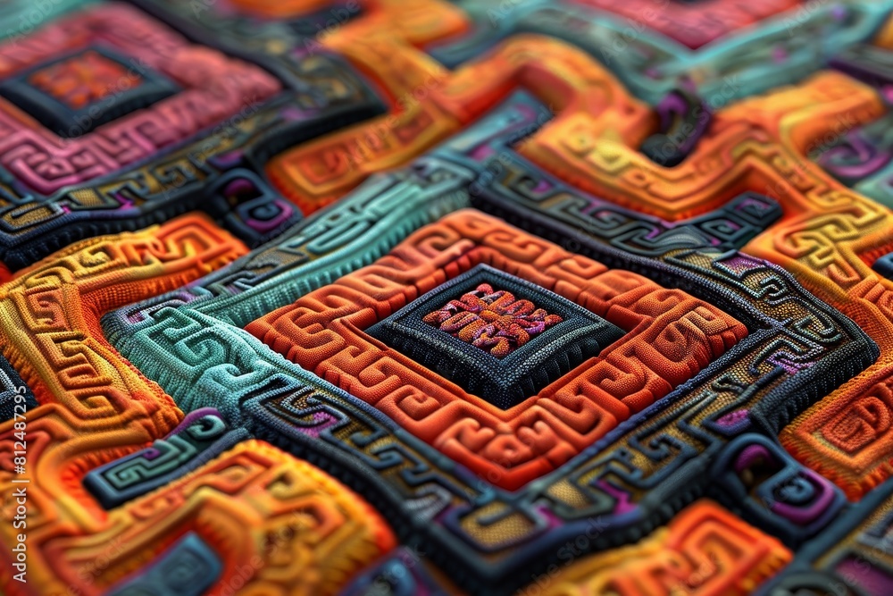Poster a colorful quilt with a pattern of squares and triangles