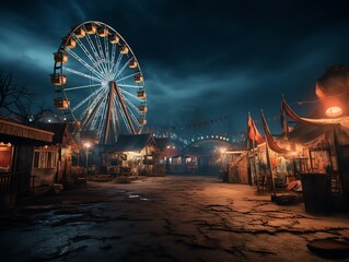 Abandoned carnival scene with dimly lit Ferris wheel and deserted game booths, under a cloudy night sky, for a mysterious Halloween event backdrop