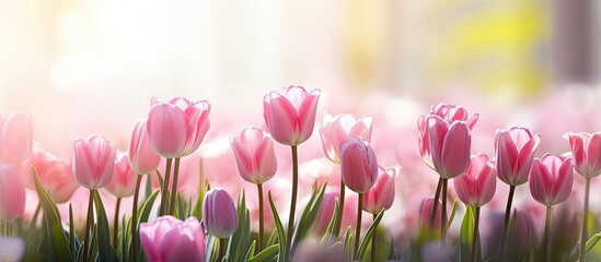 A close up image of pink tulips in a sunny garden with space for text. Creative banner. Copyspace image