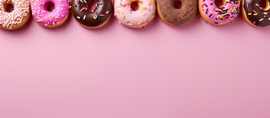 Close up image of vibrant and colorful donuts with sprinkles on a pink background embodying the essence of National Donut or Doughnut day Ample copy space available