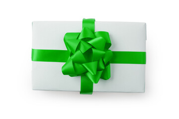 Top view of white gift box with green ribbon isolated on white background