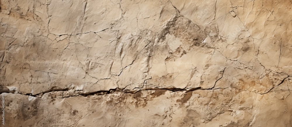 Poster Close up photo of an ancient clay wall fragment with visible cracks providing a textured surface The image contains ample copy space