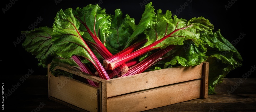 Poster a close up photo of fresh organic rhubarb with fleshy edible stalks arranged neatly in a wooden box 