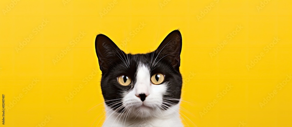 Poster Close up of a tuxedo cat on a colorful background It s an animal and pets concept with a cropped shot that has a yellow copy space image