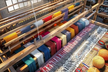A room with many colorful fabrics and a large loom