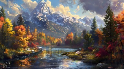 A majestic mountain peak rising above a colorful autumn forest, with a winding river below...
