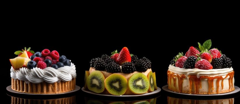 Close up photo of cakes with fruits isolated on a black background providing ample copy space