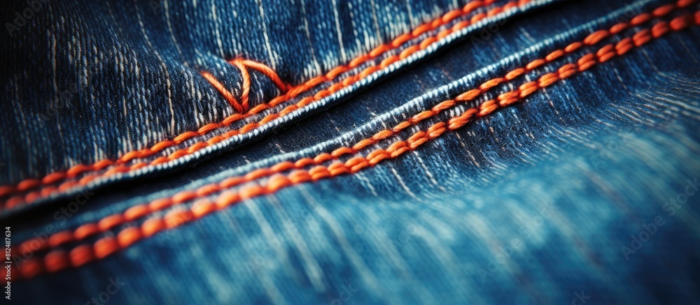 Aufkleber close up of a stitched denim jeans background with a double denim orange seam creating a fashionable