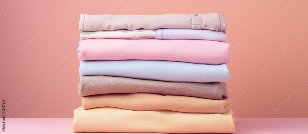 Poster a close up top view of a pile of pastel colored shirts and sweaters perfectly folded and isolated on