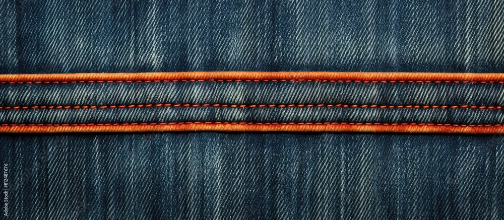 Aufkleber Close up of a stitched denim jeans background with a double denim orange seam creating a fashionable jeans design The image features a bleached denim backdrop Copy space image