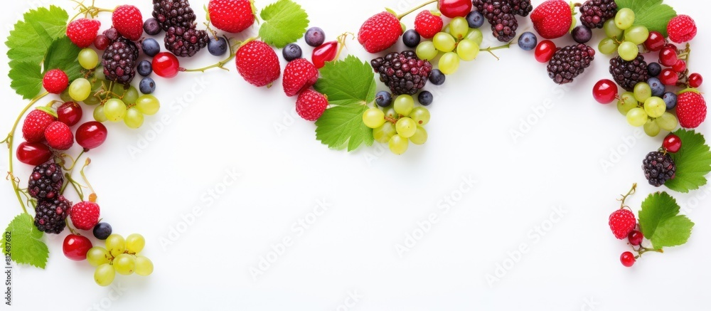Aufkleber A close up top view or flat lay of summer currants raspberries and gooseberries arranged in the shape of a heart on a white background The design forms a border of berries with copy space image