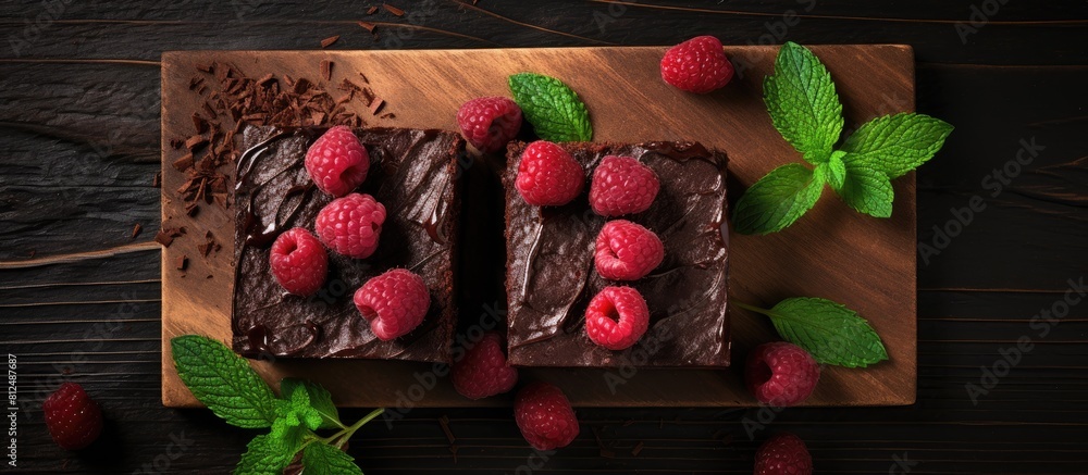 Poster a close up top view of square homemade brownies with a dark chocolate spread paste topped with raspb