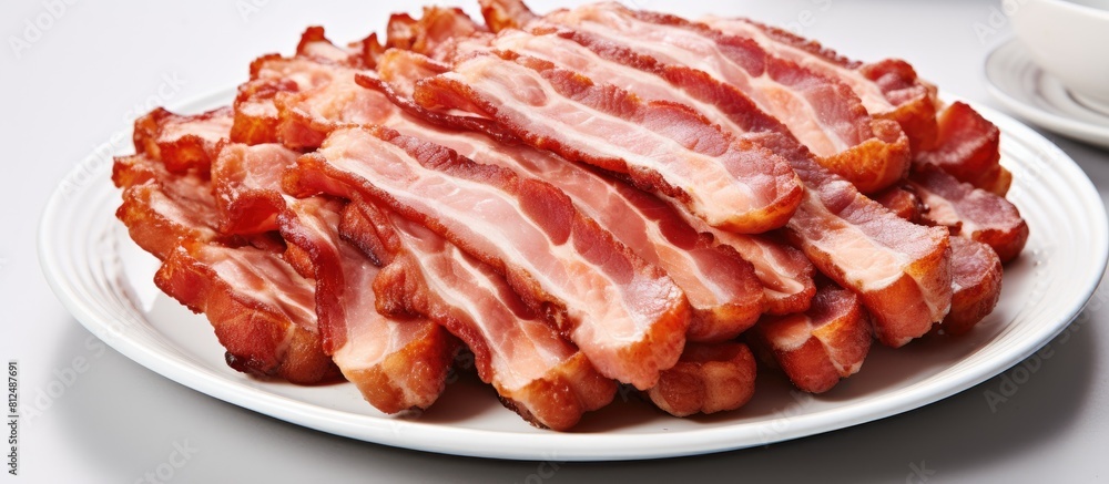 Poster A close up top view image of delicious grilled bacon chicken and pork ham arranged on a white dish with a gray tablecloth The image is isolated and has a blurred background with ample copy space